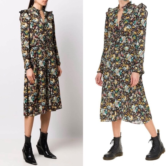 NEW ZADIG VOLTAIRE Circus Print Long Sleeve Tie Cuff Ruffled Button Up Dress XS - Picture 5 of 16